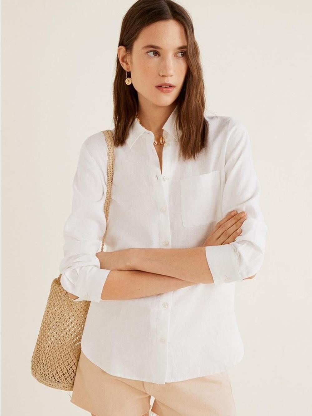 Mango White Linen Button Down Shirt
